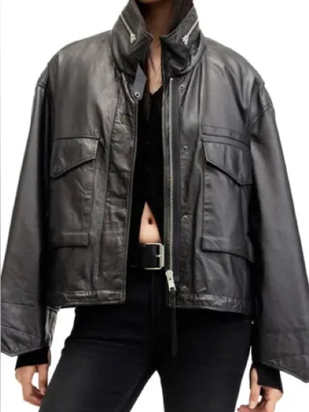 All Saints Clay oversized black leather jacket S - Picture 2 of 9